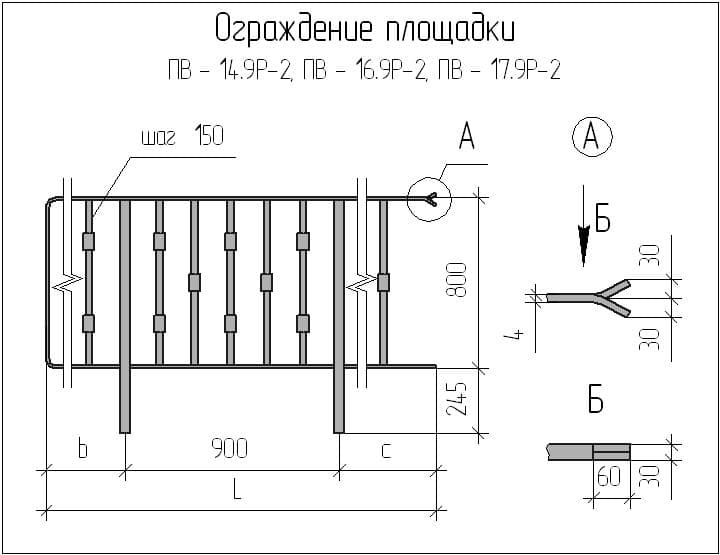 Чертеж ограждения площадки ПВ - 14.9Р-2, ПВ - 16.9Р-2, ПВ - 17.9Р-2