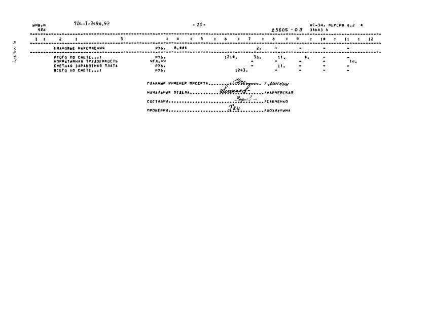 Смета расходов №1-3 ТП 704-1-249 альбом 9