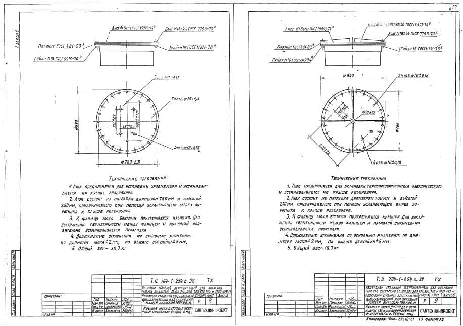 Рабочий чертеж крышки люка резервуара TP 704-1-254С-92