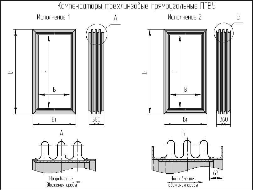 Чертеж компенсатора трехлинзового прямоугольного ПГВУ Чертеж трехлинзового комп