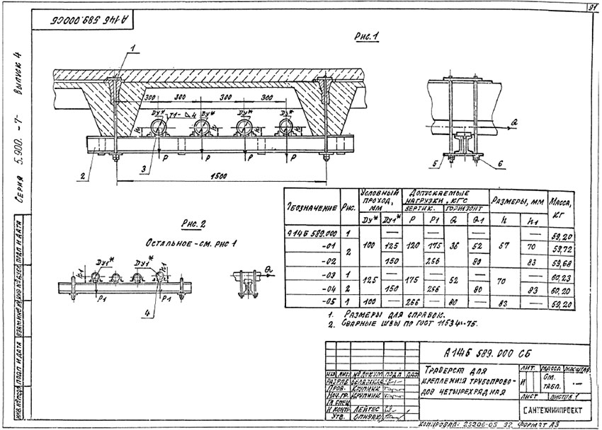 Траверсы для крепления трубопроводов четырехрядные А14Б 589.000 Траверсы для крепления трубопроводов четырехрядные А14Б 589.000