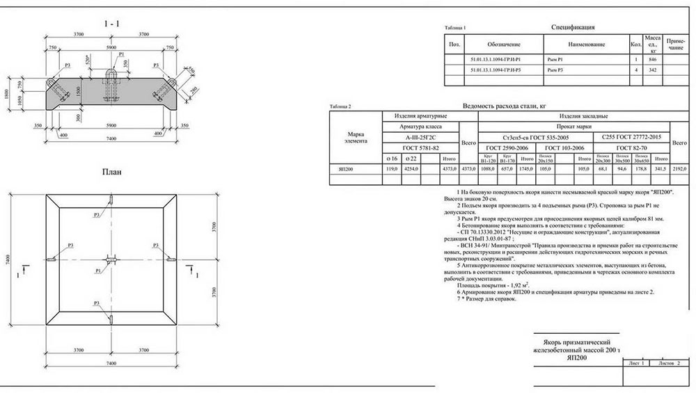 Якорь призматический железобетонный 200 т